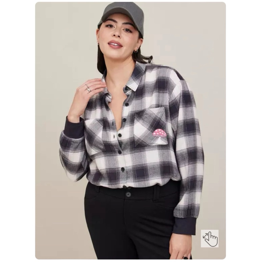 NEW Torrid 1 Flannel Drop Shoulder Button-Front Shirt, Mushroom Pocket, Plaid